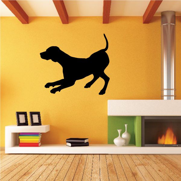 Coonhound dog silhouette decal, black jumping pose on transparent backing