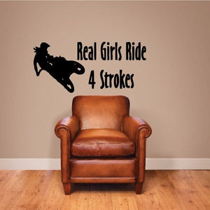 Motorcycle riding girl vinyl decal with “Real Girls Ride 4 Strokes” text