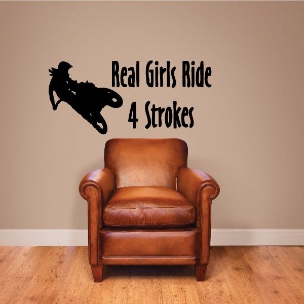 Motorcycle riding girl vinyl decal with “Real Girls Ride 4 Strokes” text