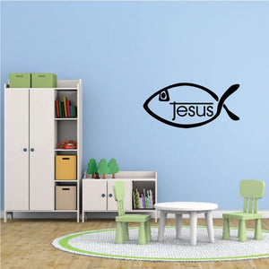 Realistic Jesus fish wall decal, black outline with cross and Jesus text