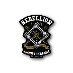 Vinyl sticker, black, gold and white Rebellion Against Tyranny badge with rifles
