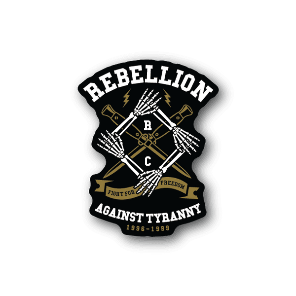 Vinyl sticker, black, gold and white Rebellion Against Tyranny badge with rifles