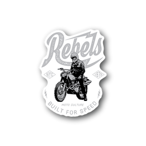 Motorcycle vinyl sticker with white Rebels text and rider on black motorcycle