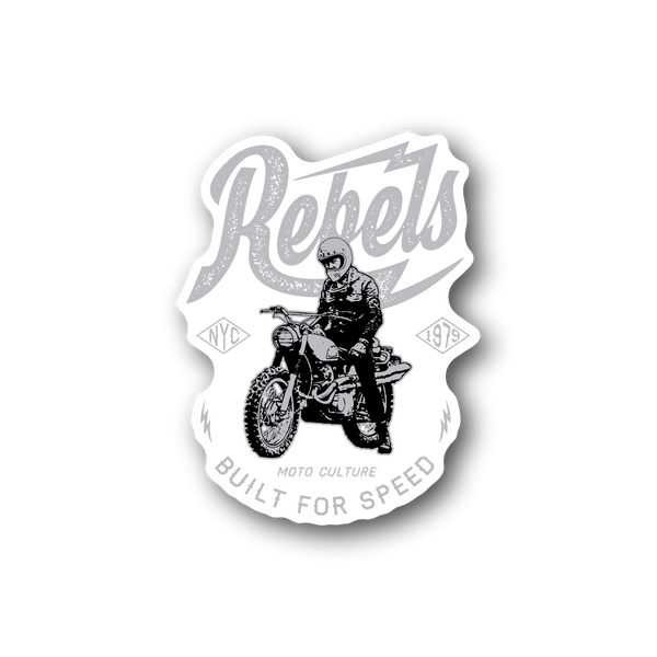 Motorcycle vinyl sticker with white Rebels text and rider on black motorcycle
