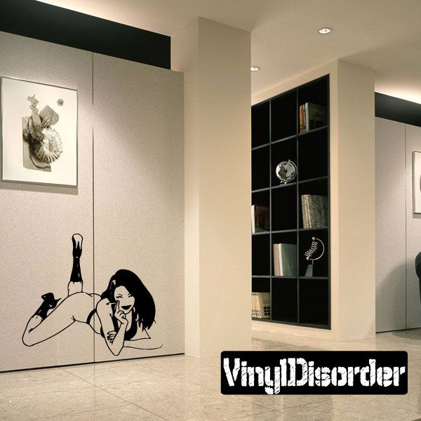 Reclining woman in heels decal, black silhouette holding cigarette
