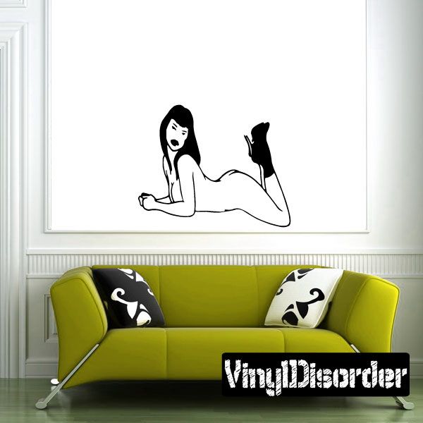 Reclining woman wall decal in high heeled boots, black silhouette