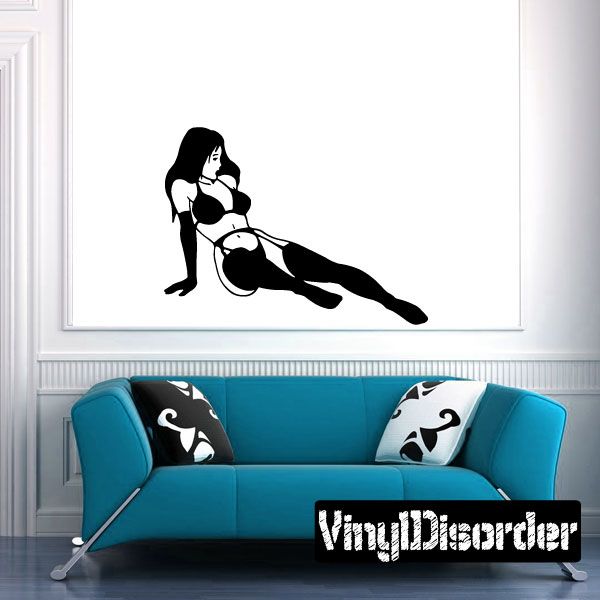 Reclining woman lingerie decal, black silhouette with garter belt