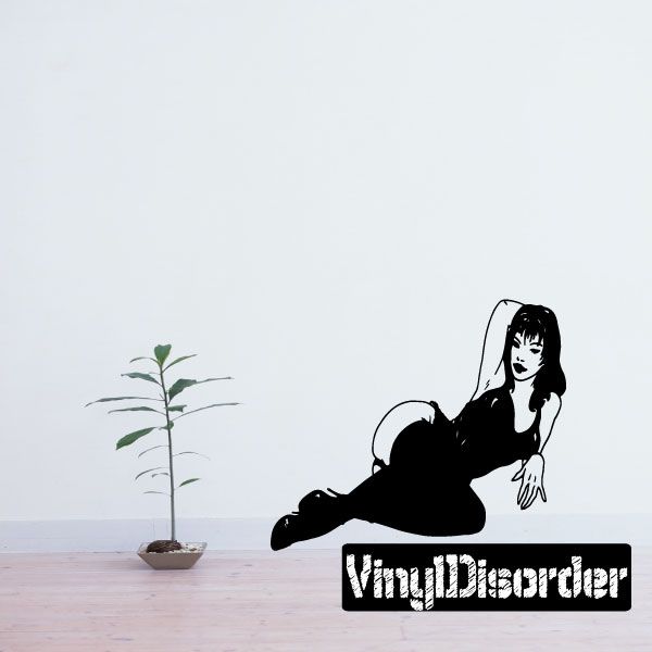 Reclining pinup woman lingerie decal, dark silhouette with long hair