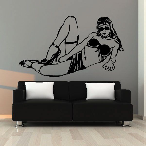 Reclining woman wall decal in sarong and heels, black line art