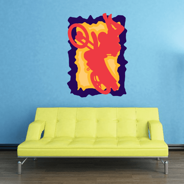 Dirt bike sticker with red and yellow bike illustration and dark blue outline