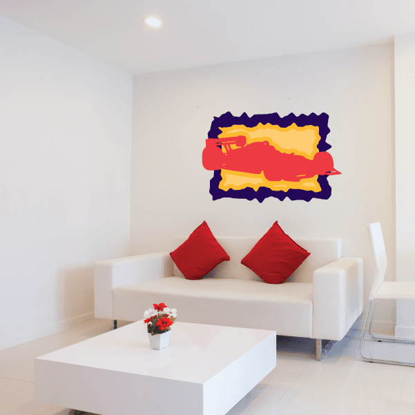 Race car wall sticker with red and yellow car and blue/purple outline