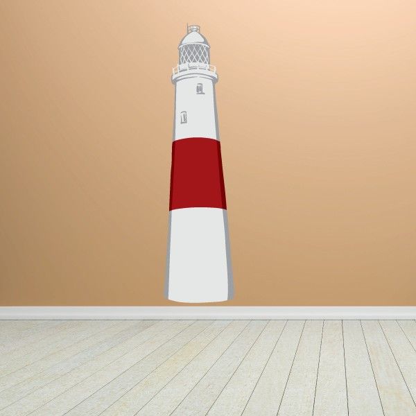 Red and white lighthouse sticker with gray top and red stripe