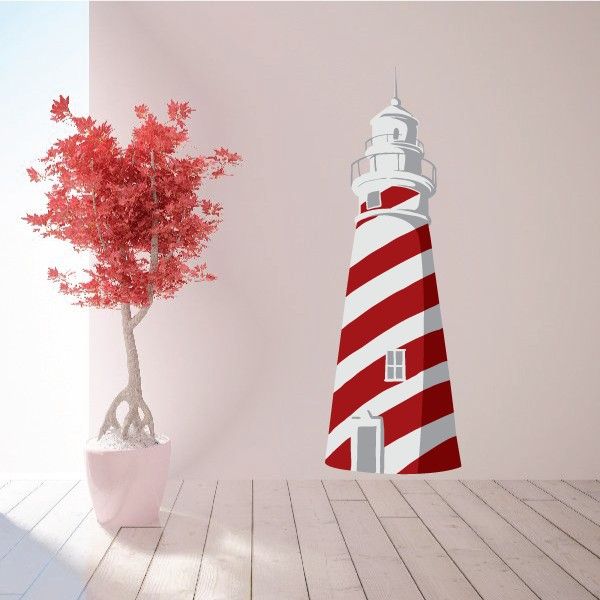 Red and white striped lighthouse sticker with gray top and small door detail