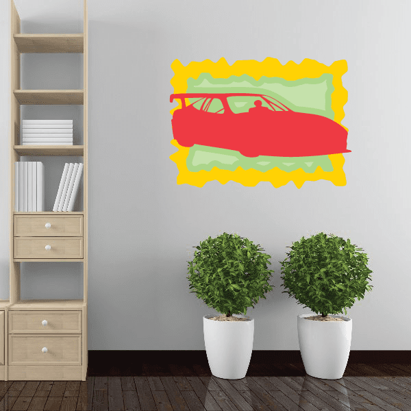 Race car sticker with red sports car and yellow zigzag border