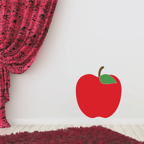 Red apple wall sticker with green leaf, glossy red fruit shape