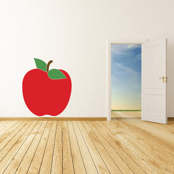 Red apple sticker with green leaves