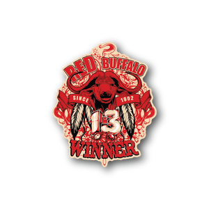 Red buffalo winner vinyl sticker with bold graphic and “Winner” text