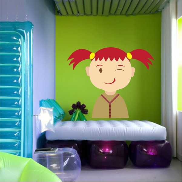 Cartoon girl sticker with red pigtails, smiling face, and red outfit