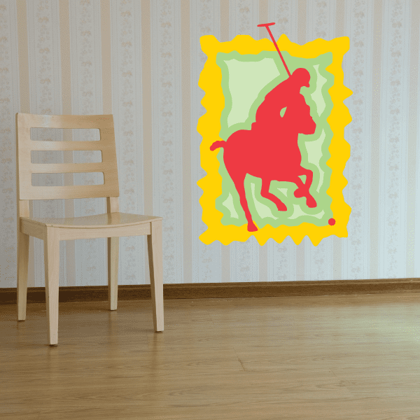Red polo player sticker with yellow scalloped border