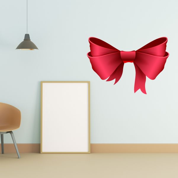 Red ribbon bow wall decal with two loops and hanging tails, vinyl sticker