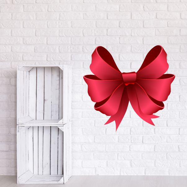 Red triple ribbon bow wall decal vinyl sticker, large layered bow with curled ends