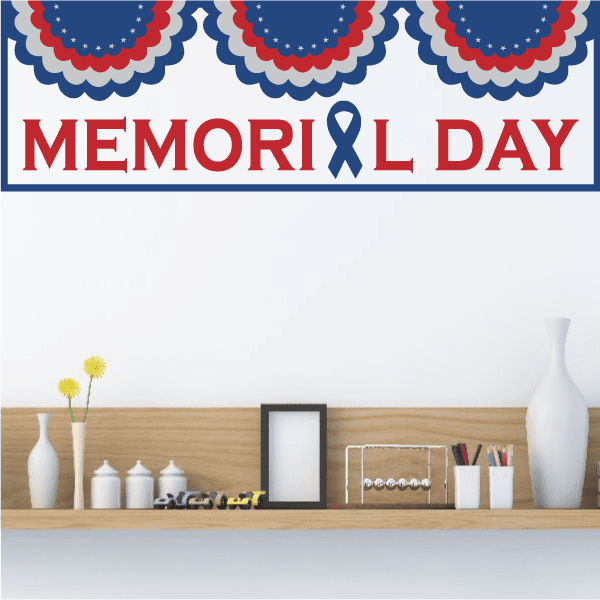 Memorial Day bunting sticker with red, white, and blue scalloped pennants and text
