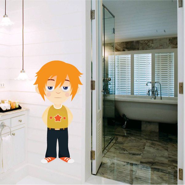 Teenage girl sticker with orange hair, light shirt with red star, dark pants and red shoes