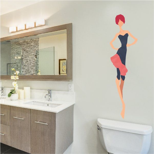 Redhead woman dress sticker: sleeveless dark blue dress with red hair silhouette