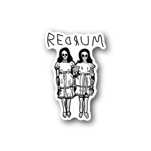 Vinyl skull sticker with two skeleton figures and REDRUM text