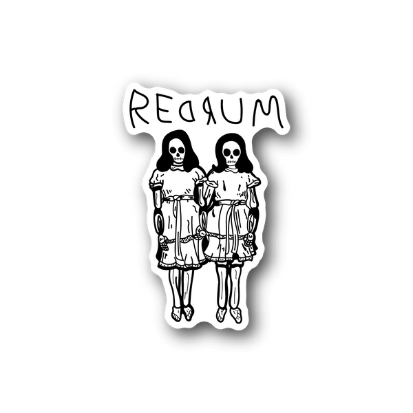 Vinyl skull sticker with two skeleton figures and REDRUM text