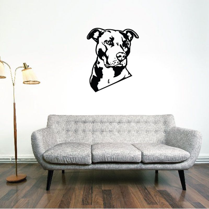 Pit bull head decal in black with white outline, front-facing