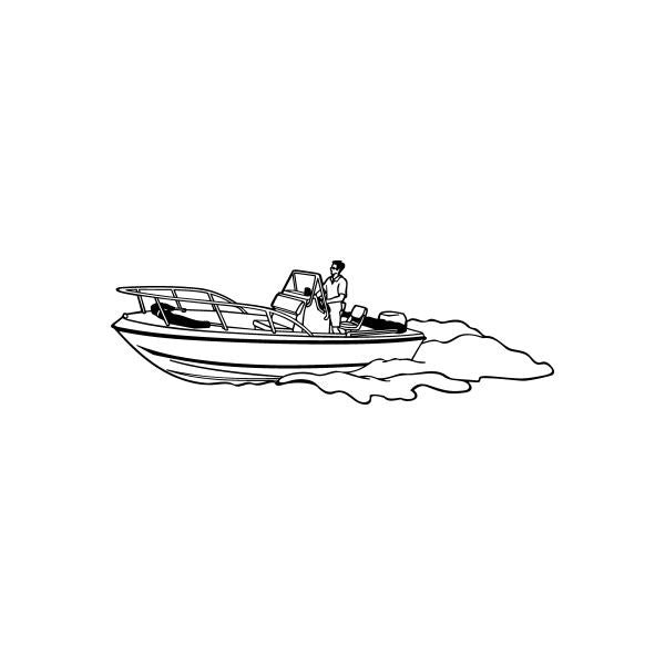 Relaxing boat ride decal with line-drawn motorboat and standing passenger