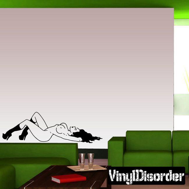 Reclining nude woman in high heels wall vinyl decal, side view