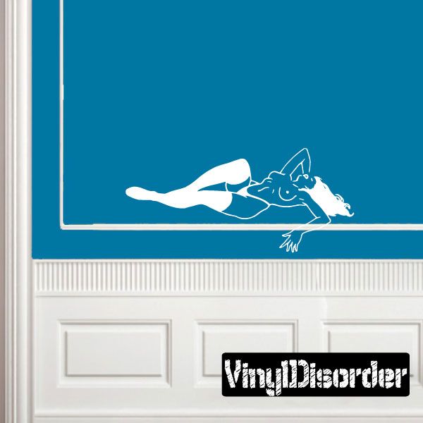 Vinyl wall decal of reclining woman in white stockings with VinylDisorder text