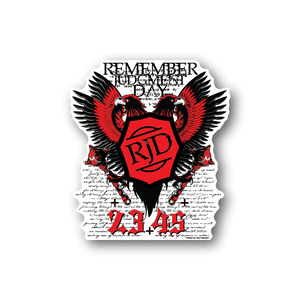 Vinyl sticker: red RJD shield with wings and skulls, 'Remember Judgement Day' text.