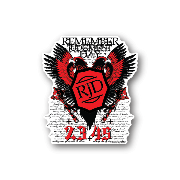 Vinyl sticker: red RJD shield with wings and skulls, 'Remember Judgement Day' text.