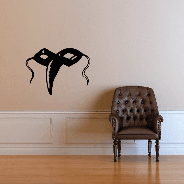 Renaissance mask decal with black half-mask and curled ribbon ties