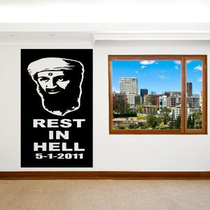 Vinyl decal with white portrait and 'REST IN HELL' on black square, 5-1-2011