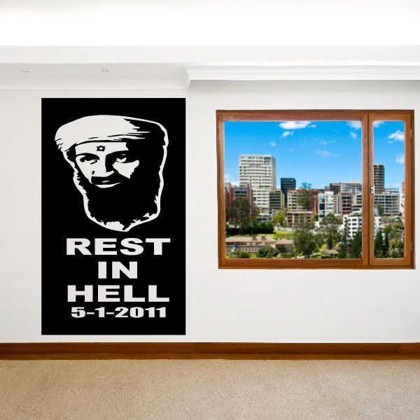 Vinyl decal with white portrait and 'REST IN HELL' on black square, 5-1-2011
