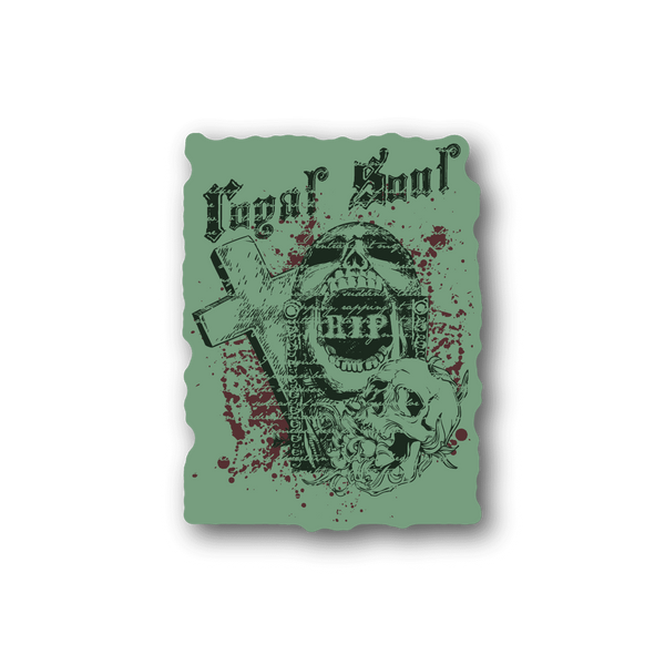 Square vinyl sticker with skull and roses graphic, dark gothic text on teal background