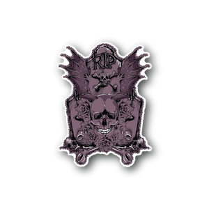 Tombstone vinyl sticker with purple RIP text, skull, and ornamental wings