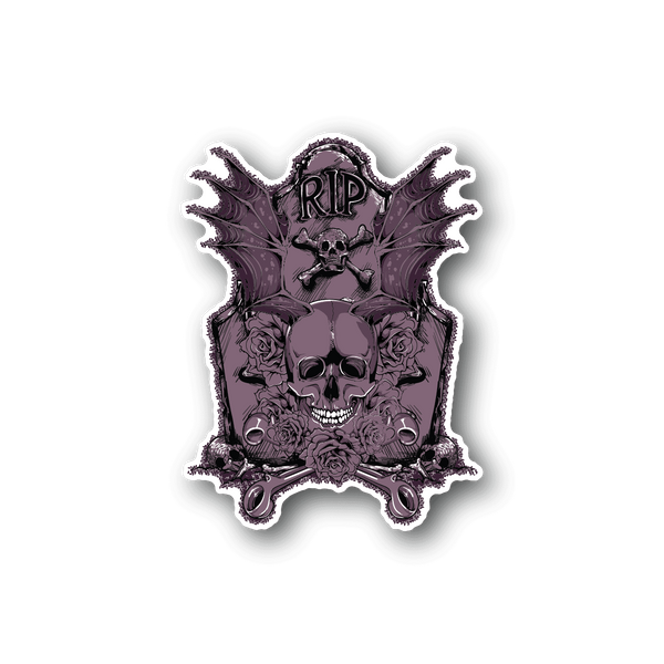 Tombstone vinyl sticker with purple RIP text, skull, and ornamental wings