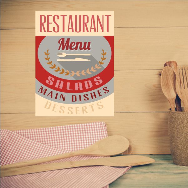 Restaurant menu sticker with red and white design and 'Salads', 'Main Dishes', 'Desserts'