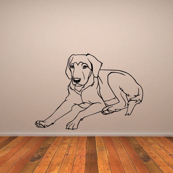 Resting dog outline decal with seated, crouched dog line art