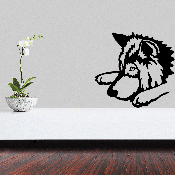 Resting face wolf decal, black sleeping wolf head with curled tail