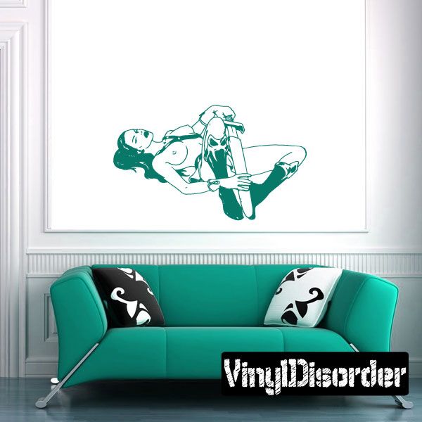 Resting female warrior wall decal, teal line art figure