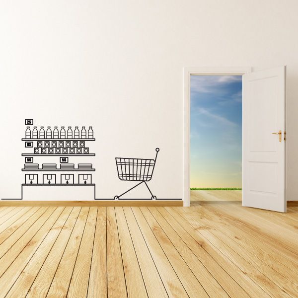 Retail decal with grocery shelves and shopping cart line drawing