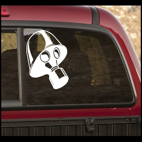 Retro gas mask decal, white outline design on a car window.