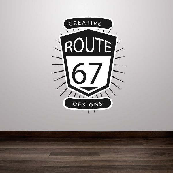 Vinyl wall decal badge with ROUTE 67, CREATIVE and DESIGNS text