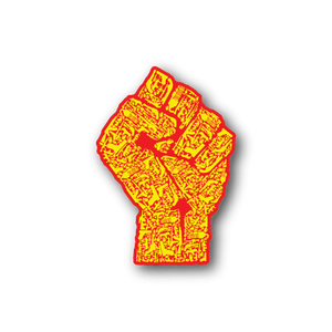 Vinyl sticker of a yellow-orange raised fist collage graphic